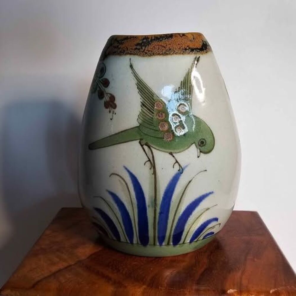 Ken Edwards El Palomar Tonala Hand-painted Ceramic Vase w Bird & Floral Vtg MCM